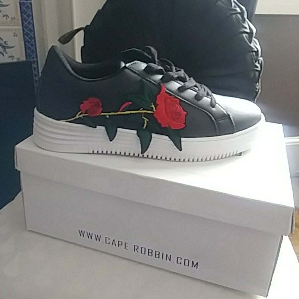 Super cute Black Tennis Shoes with Rose Appliques